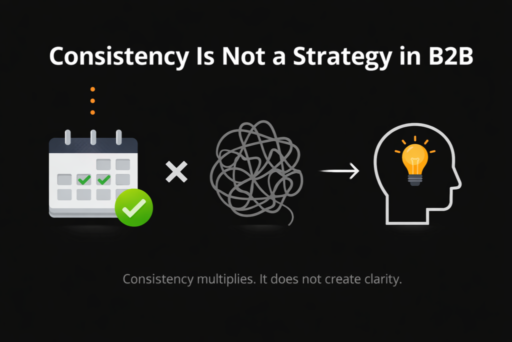 Consistency is not a strategy in B2B marketing where repeated activity multiplies effort without creating clarity or trust.